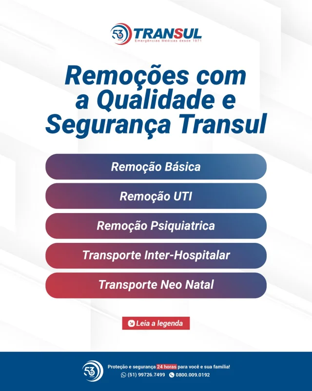Cada remoção é realizada com a precisão, segurança e cuidados médicos especializados que você merece.

Estamos aqui para proteger e cuidar da sua saúde em todas as situações! 💙

Saiba mais através do link da bio!

#Transul #Remoções  #TransporteInterHospitalar #RemoçãoPsiquiátrica #Neonatal #SaúdeComSegurança