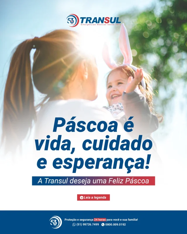 A Páscoa é tempo de renovação, amor e esperança! 

E na Transul, nosso compromisso é com a vida, cuidando de você e da sua família em todos os momentos. 💙

Neste domingo especial, celebre com quem você ama, aproveite cada instante e lembre-se: estamos sempre prontos para garantir sua segurança e bem-estar, 24 horas por dia.

Desejamos uma Feliz Páscoa, cheia de saúde e alegria!

#PáscoaComSegurança #TransulCuidaDeVocê #Renovação #SaúdeÉPrioridade #FelizPáscoa
