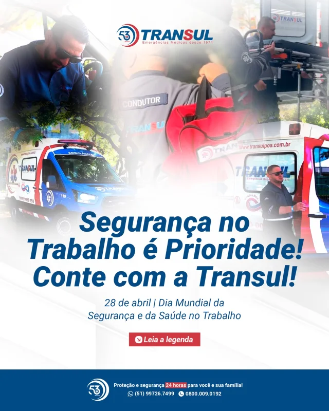 No Dia Mundial da Segurança e Saúde no Trabalho, reforçamos a importância de um ambiente seguro para todos!

Com o Plano Área Protegida Empresarial da Transul, sua empresa garante atendimento médico imediato para colaboradores, clientes ou qualquer pessoa em situação de urgência e emergência.

✅ Resposta rápida em casos críticos
✅ Ambulâncias equipadas e equipe altamente treinada
✅ Mais segurança e tranquilidade para o ambiente de trabalho

Invista na proteção da sua equipe e no bem-estar do seu negócio. Segurança no trabalho começa com prevenção e assistência de qualidade!

📲 Saiba mais e proteja sua empresa com a Transul!

#SegurançaNoTrabalho #SaúdeNoTrabalho #ÁreaProtegidaTransul #CuidadoEPrevenção #TrabalhoSeguro