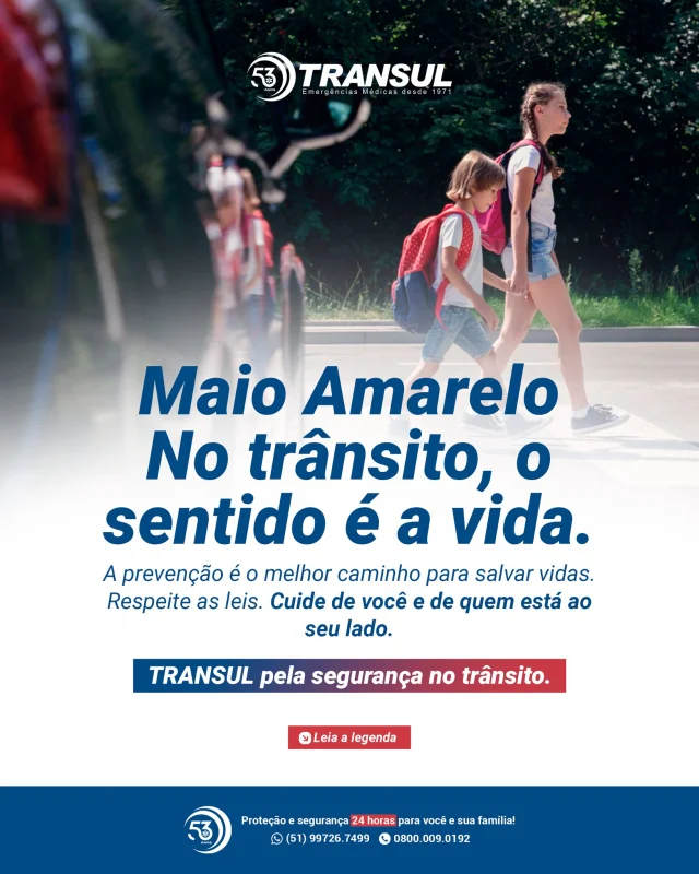 🚦 Maio Amarelo chegou e com ele um lembrete que salva vidas:
No trânsito, o cuidado precisa ser coletivo.

Ultrapassagens perigosas, excesso de velocidade, distrações no volante… pequenas decisões podem causar grandes tragédias.

Na TRANSUL, lidamos diariamente com as consequências da imprudência no trânsito, por isso reforçamos: a prevenção é o melhor caminho.

🟡 Neste Maio Amarelo, abrace a causa:
✅ Respeite os limites
✅ Não use o celular enquanto dirige
✅ Use cinto de segurança
✅ Mantenha a calma no volante

Vamos juntos construir um trânsito mais humano, seguro e responsável.

🚨 E conte com a TRANSUL sempre que precisar.
Porque salvar vidas é a nossa missão.

#MaioAmarelo #SegurançaNoTrânsito #TRANSUL #TrânsitoResponsável #JuntosPelaVida #CampanhaMaioAmarelo